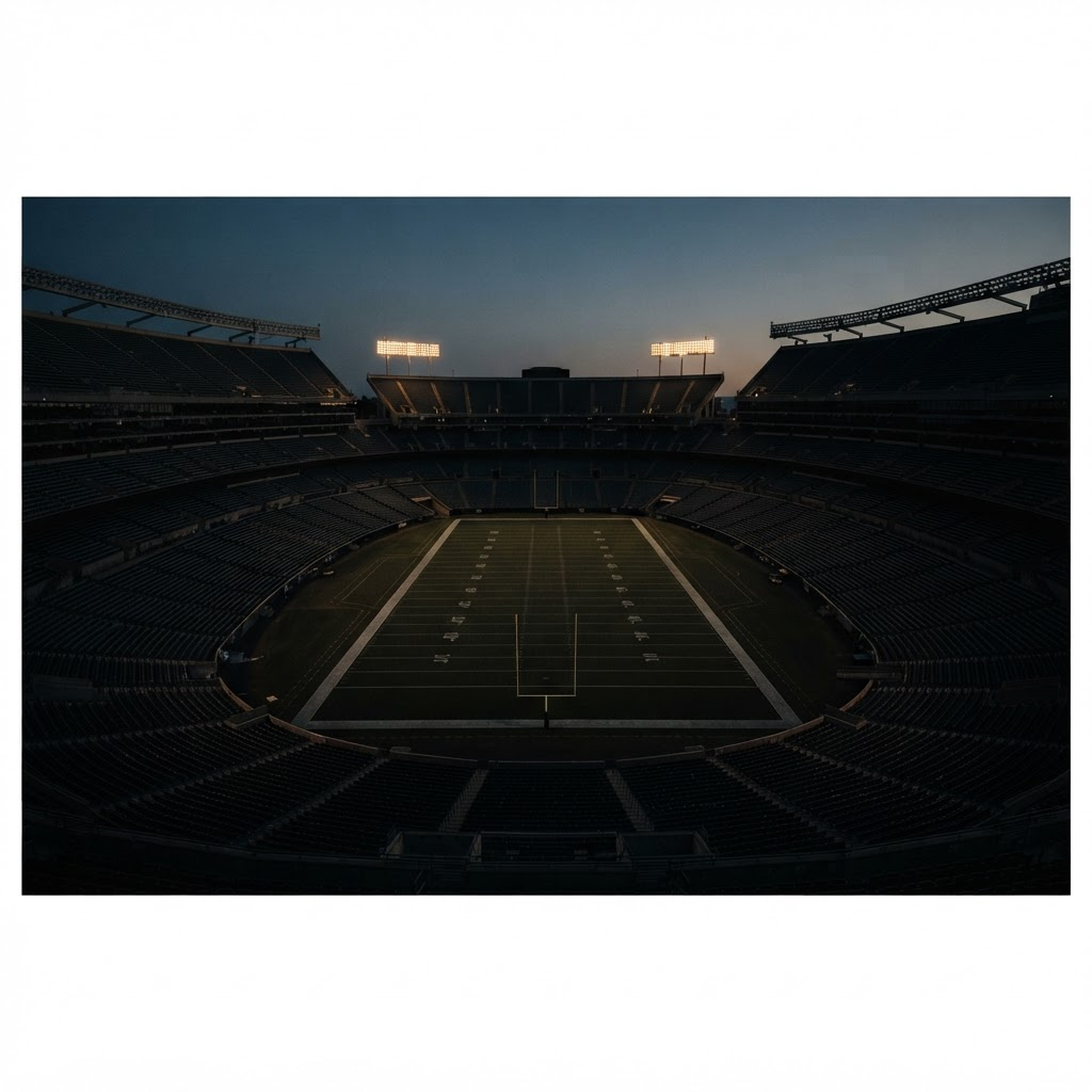 An NFL stadium at dusk under stadium lights